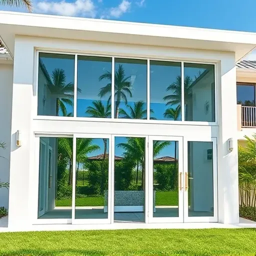 Impact windows and doors in a modern Hallandale Beach home reflect Florida sunlight and lush palm trees outside.