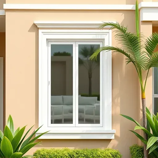 Modern impact window in Kendall Florida with reinforced glass, sleek frame, and stylish home exterior with lush greenery