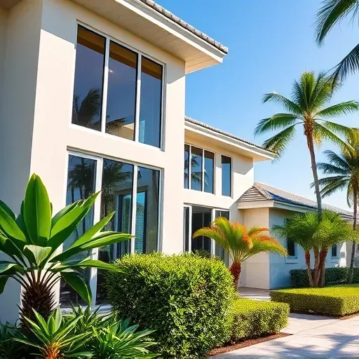 Impact Windows and Doors installation in Lauderdale Lakes FL, showcasing a modern home with vibrant landscaping and blue skies.
