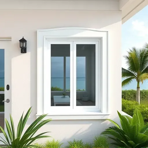 Freshly installed impact window on a pastel coastal home in Tavernier FL with Florida Keys view and tropical landscaping
