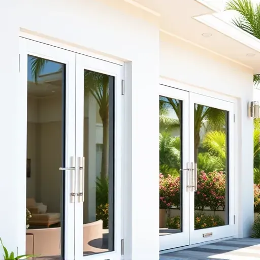 Stylish modern home in Boynton Beach with elegant impact windows and doors, surrounded by a lush tropical garden.