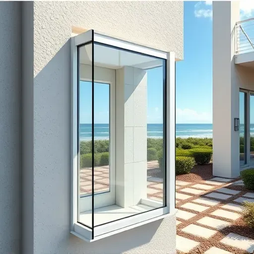 Close-up of a newly installed impact window in Marathon Florida with clear glass, sturdy frame, and coastal scenery outside