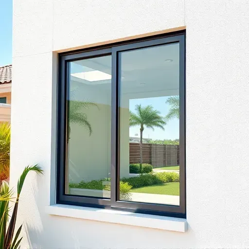 Close-up of a new impact window on a modern Miramar home with sunny Florida sky and lush landscaping outside