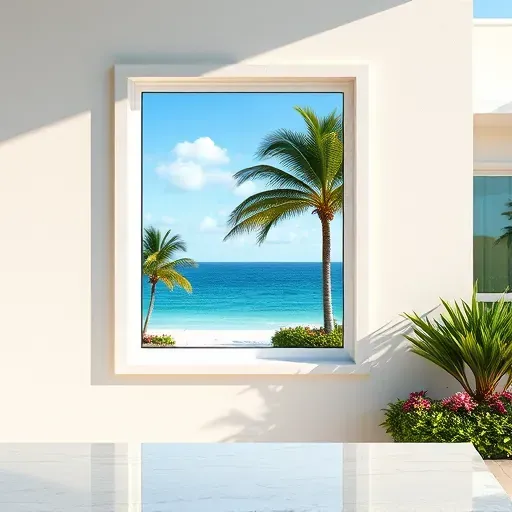 Freshly installed impact window in a modern Pompano Beach home overlooking ocean scenery with lush greenery and tropical landscaping