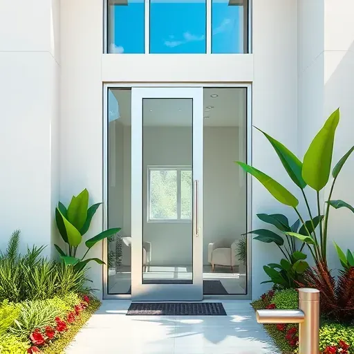 Modern hurricane impact door with reinforced glass and aluminum framing in a landscaped Kendall FL entryway under sunny skies