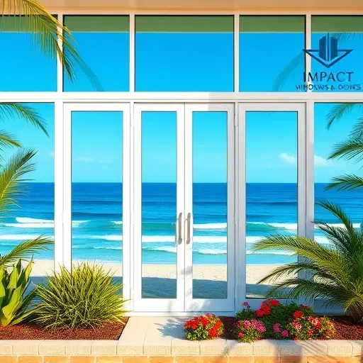 Impact windows and doors in Pompano Beach FL, modern design with beach view, framed in white trim, vibrant landscaping.