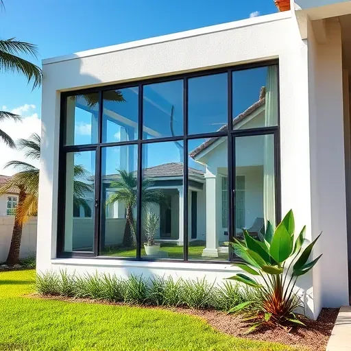 Modern Hollywood FL home with sleek impact windows, lush landscaping, and vibrant Florida sunshine highlighting quality exterior craftsmanship