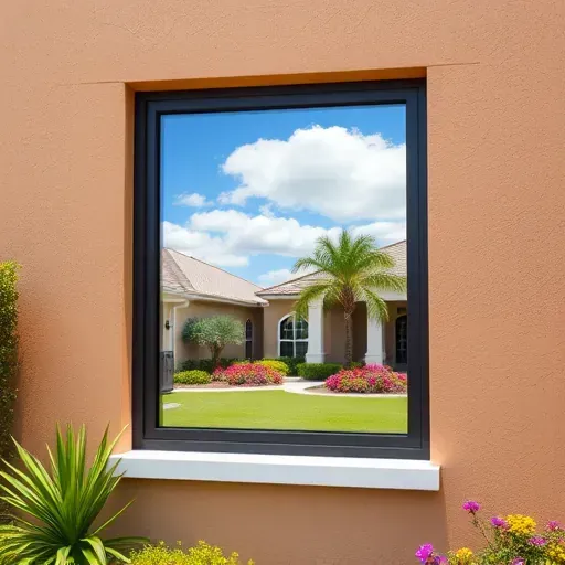 Impact window installation in Westchester Florida featuring a sleek frame, clear glass reflecting sky and greenery on a stucco wall