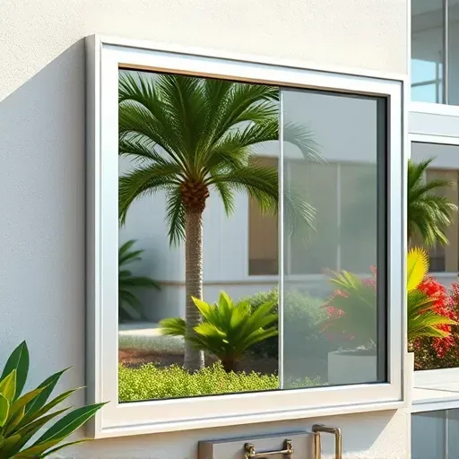 Kendall Florida building with sleek UV-protective windows, metallic frames, lush greenery, and vibrant landscaping