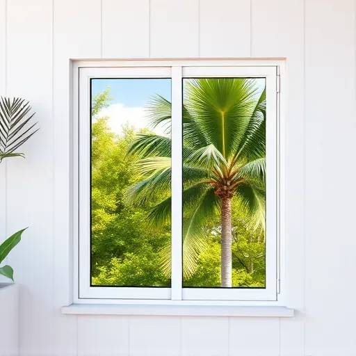 Newly installed modern energy-efficient window in Kendall Florida with reflective glass, sleek frame, and lush landscape backdrop