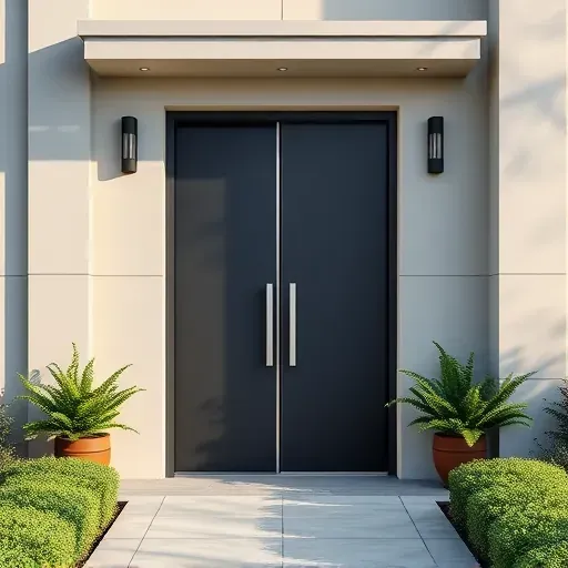 Modern pivot door installation in Kendall Florida featuring brushed steel finish, minimalist facade, LED lighting, and landscaped entrance