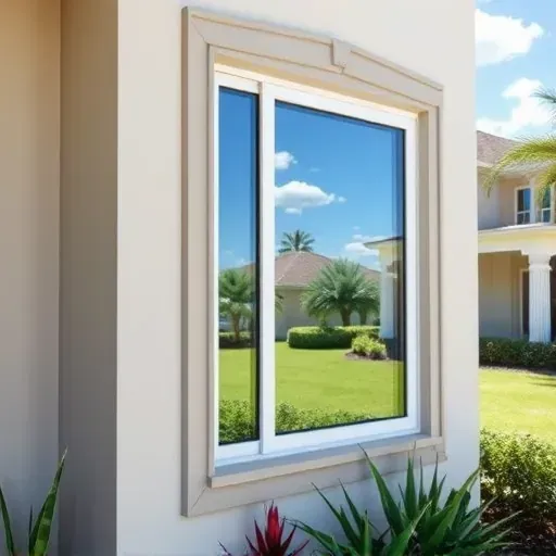 Freshly installed impact window in Davie Florida reflecting sunny outdoor scenery with durable shatterproof glass and clean modern exterior