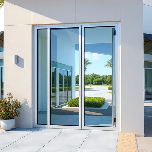 Seamless impact window with aluminum frame in a modern Hollywood FL commercial building reflecting bright sunlight and surroundings
