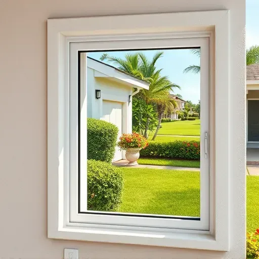 Freshly installed impact window in modern Kendall FL home with sleek frame, clear glass, lush garden and sunny backdrop.