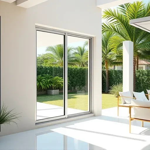 Impact window with shatterproof glass and sleek frames installed in a modern Florida home with tropical landscape