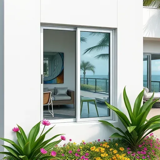 Freshly installed impact window in Miami Beach home with tropical landscaping and ocean view, highlighting durability and craftsmanship