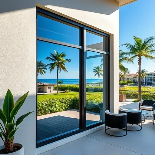Close-up of a modern impact window with reinforced glass and sleek frame installed on a stylish home with tropical landscaping in Fort Lauderdale