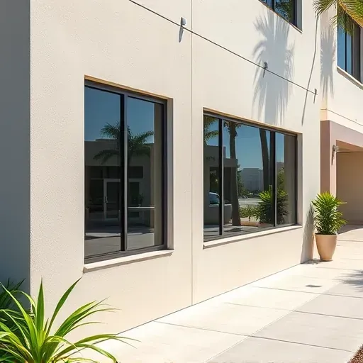 Recently installed sleek tinted heat-reducing windows in Kendall Florida on a modern stucco building with tropical plants