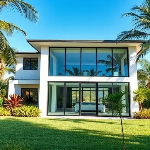 Modern residential home in Pompano Beach with sleek Impact Windows & Doors surrounded by tropical landscaping.