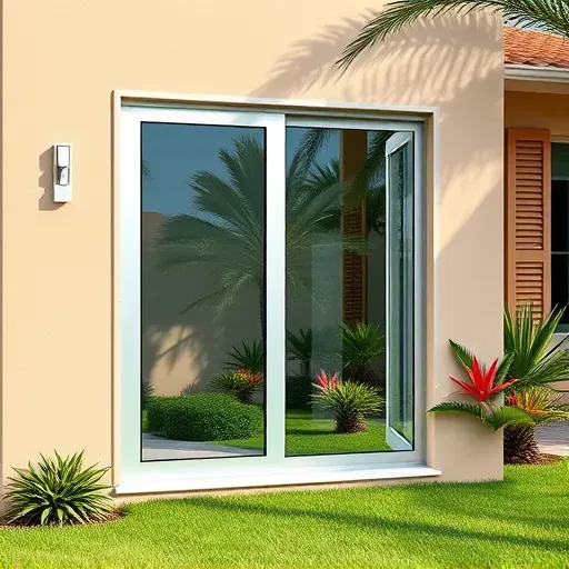 Freshly installed impact window in a modern Hialeah Florida home showing lush landscaping, sleek frame, clear glass, and sunny tropical environment