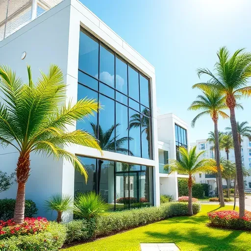 Sunny Isles Beach FL modern home with sleek impact windows, reflective glass, tropical landscaping, and upscale neighborhood.