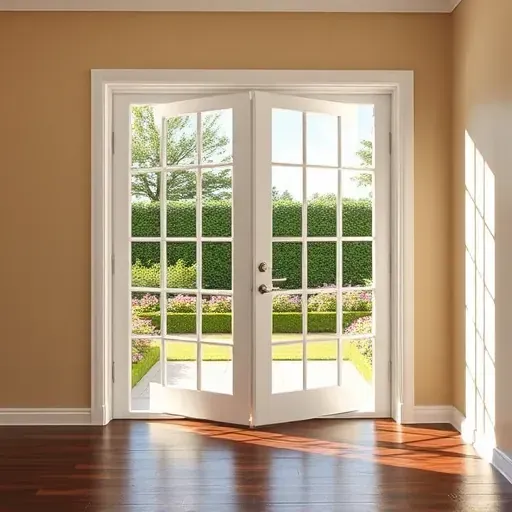 Freshly installed white French doors with glass panes in a Kendall FL home, featuring beige walls, dark hardwood floors, and a lush garden outside.