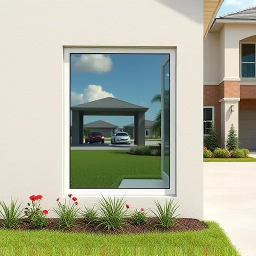 Freshly installed impact window on a modern Florida home with clear glass, polished frame, lush landscaping, and sunny sky