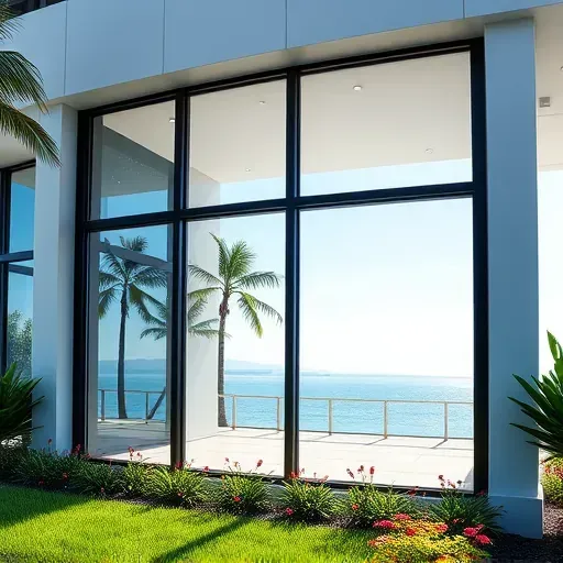 Completed impact window installation on modern building in Hallandale Beach Florida with coastal views and lush landscaping