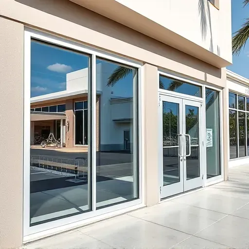 Meticulous installation of commercial glass windows and aluminum doors on a modern storefront in Kendall Florida