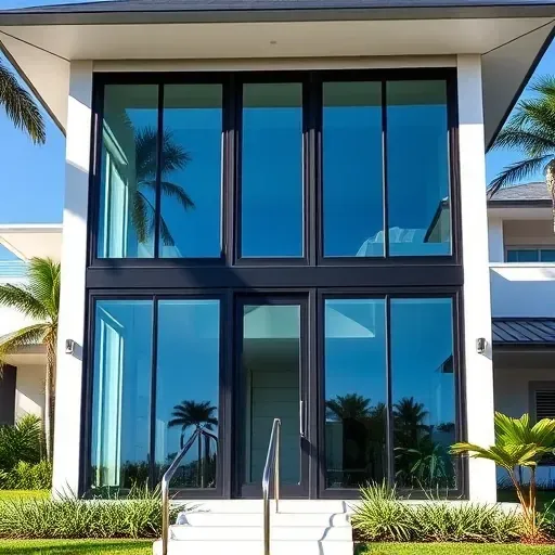 Impact Windows and Doors installation in a modern Hollywood home, showcasing elegant matte black frames and tropical landscaping.