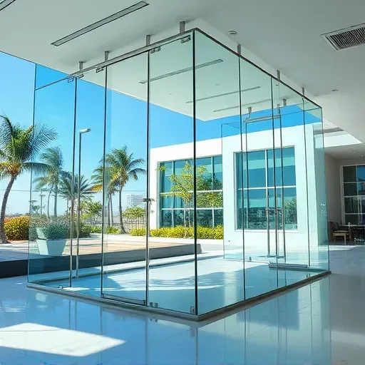 Completed glass installation in Kendall FL with sleek floor-to-ceiling panels, chrome fixtures, modern interior, and lush greenery