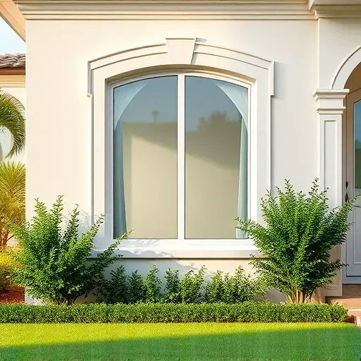 Newly installed impact window in Plantation Florida with reflective glass, neat frames, and lush landscaped backyard