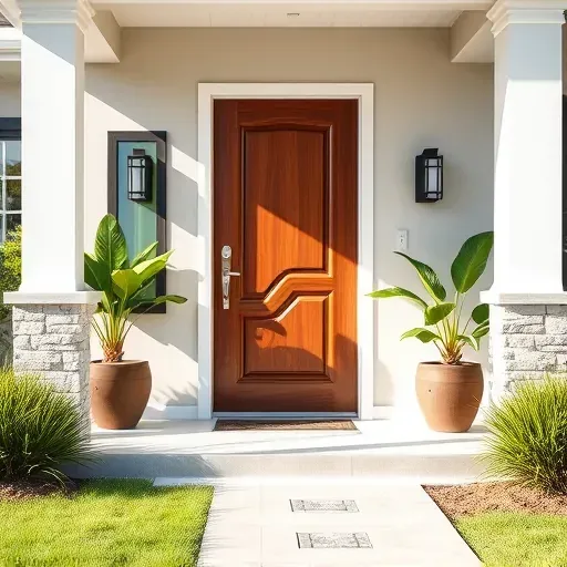 Modern wooden entry door in Kendall Florida with sleek hardware, polished surface, tropical landscaping, and stylish house exterior