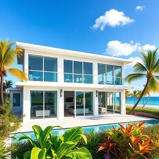 Impact Windows and Doors installation in Islamorada, FL, featuring a modern waterfront home and vibrant tropical garden.
