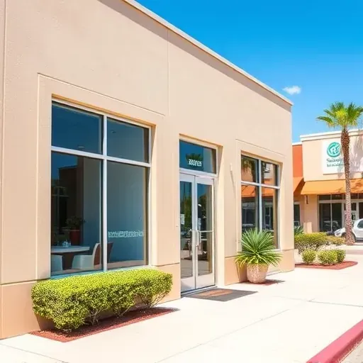 Finished commercial storefront in Kendall Florida with sleek glass windows, sturdy doors, landscaped surroundings, under clear blue sky