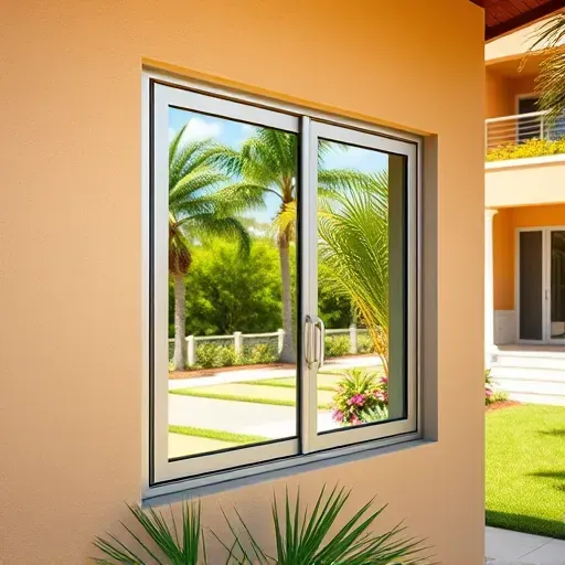 Close-up of a sleek impact window installed in a Tropical Florida home with lush greenery and a manicured lawn in the background