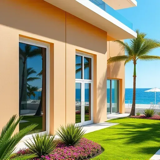 Impact windows and doors in Sunny Isles Beach highlight modern design with lush landscaping and sparkling ocean views.