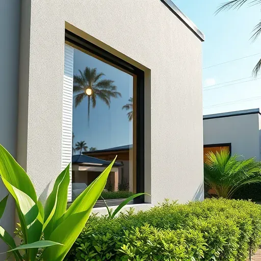 Beautiful modern Kendall FL home with sleek energy-efficient tinted windows, lush tropical landscaping, and elegant exterior finishes