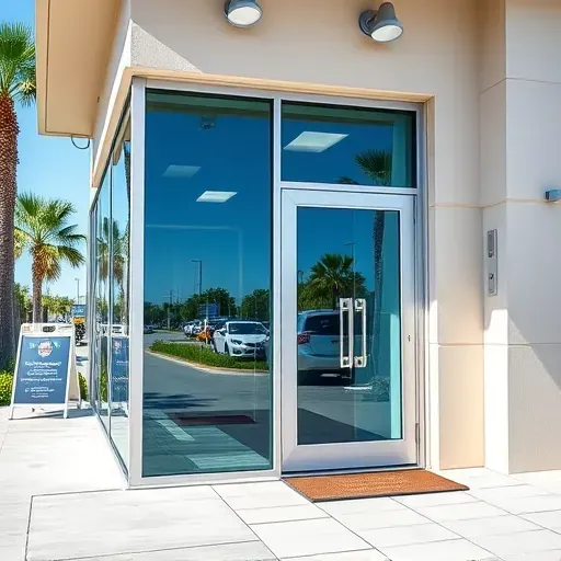 Modern storefront in Kendall FL with sleek glass windows and durable doors reflecting blue sky and greenery