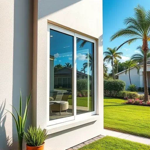 Close-up of a sleek impact window installed in a modern Coral Springs home with lush landscaping and neutral-toned stucco exterior