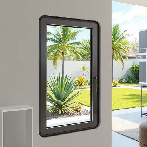 Freshly installed impact window in modern Kendall FL home, showcasing clear glass reflecting tropical greenery outside.