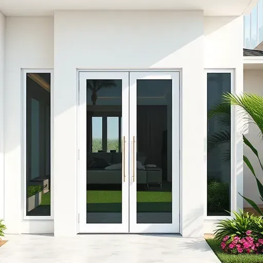 Impact windows and doors in Coral Springs feature sleek design, robust frames, and shatterproof glass amidst lush landscaping.