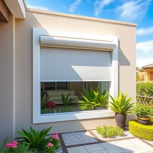 Completed sleek roller window installation on a modern house in Kendall Florida with lush garden and bright sky