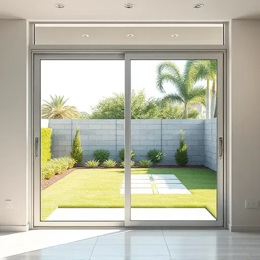 Sliding glass door with sleek modern design installed in a bright contemporary home with lush backyard scenery