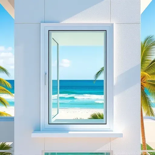 Flawlessly installed impact window on a modern coastal home in Fort Lauderdale with blue skies and palm trees
