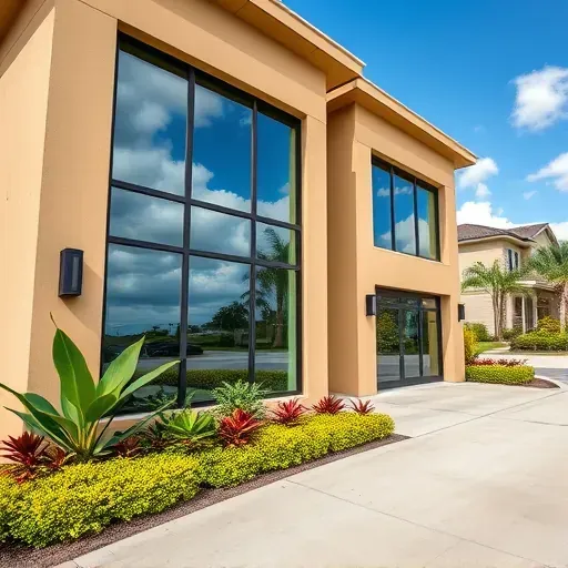 Completed impact window installation on modern Coral Springs home with lush landscaping and vibrant sky reflection