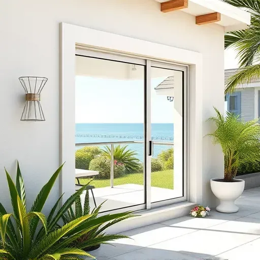 Freshly installed impact window in a modern Tavernier FL home with sleek frame, clear glass, tropical yard, ocean view