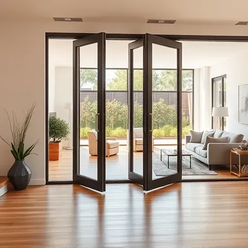 Bi-fold door fully open revealing bright living room with hardwood floors modern decor and seamless outdoor patio