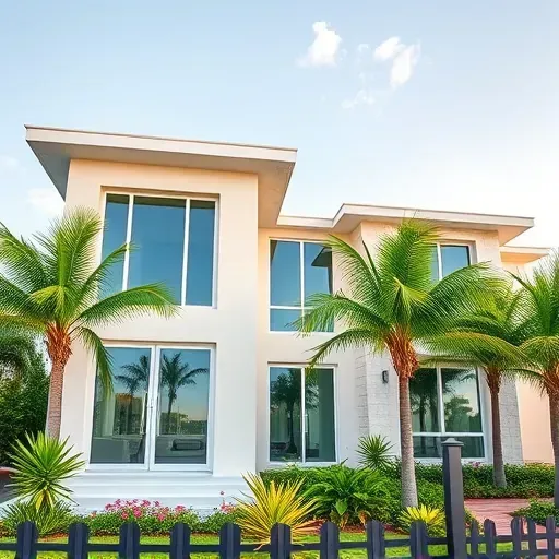 Impact Windows & Doors installation in Key Largo featuring modern home, polished doors, vibrant landscaping, and tranquil sky.