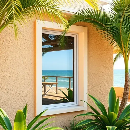 Newly installed impact window on a stylish Islamorada home with tropical greenery, ocean view, and textured stucco exterior